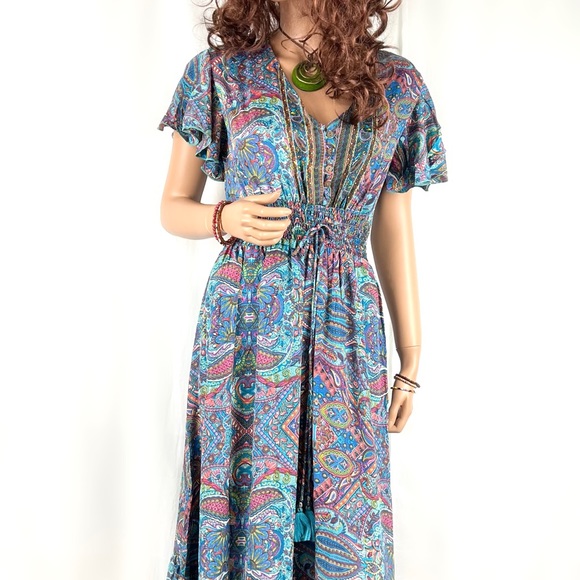 Paisley Print Half Butterfly Sleeves Midi Dress - Picture 13 of 14